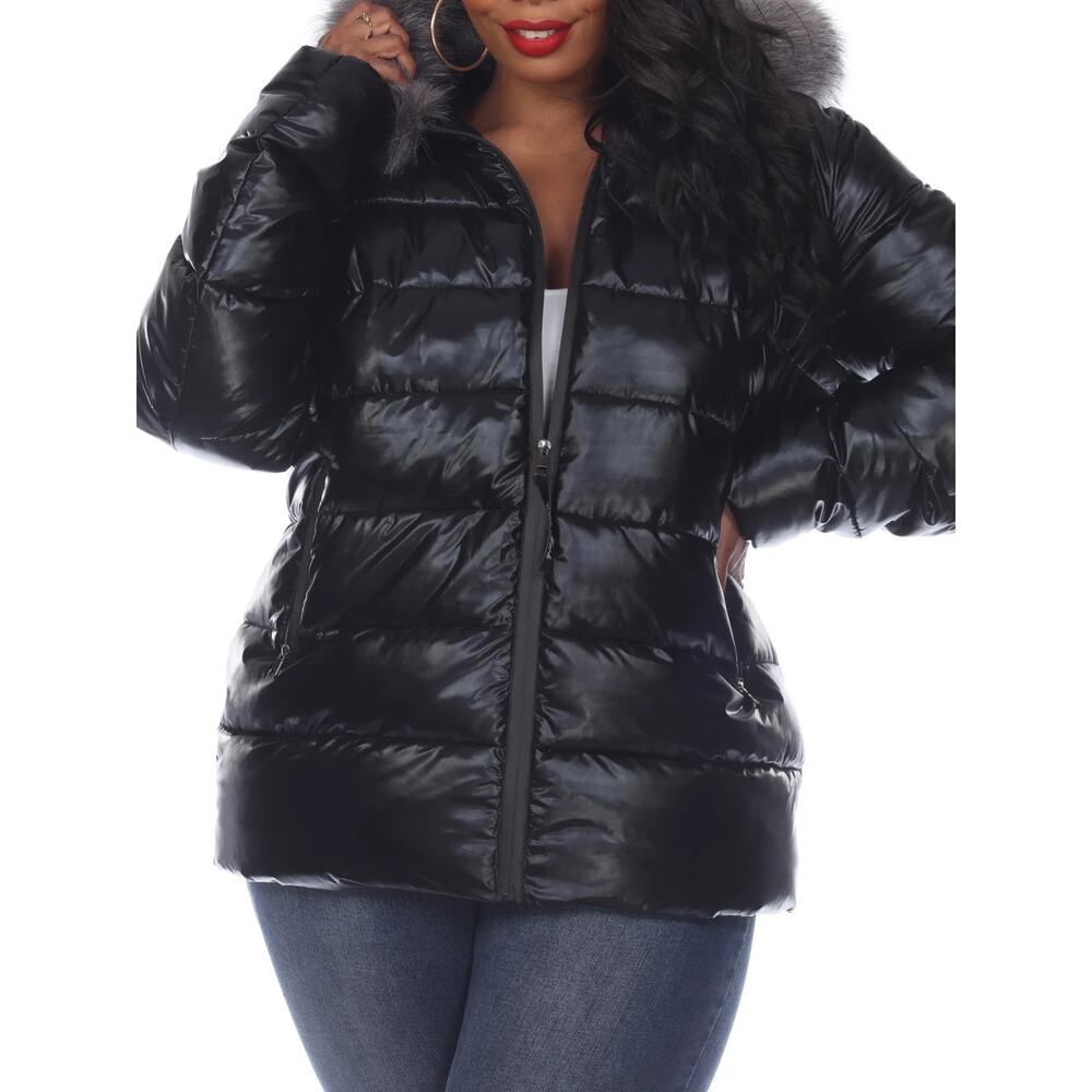 White Mark Women's Plus Size Hooded Metallic Puffer Coat Black Size XL 3831